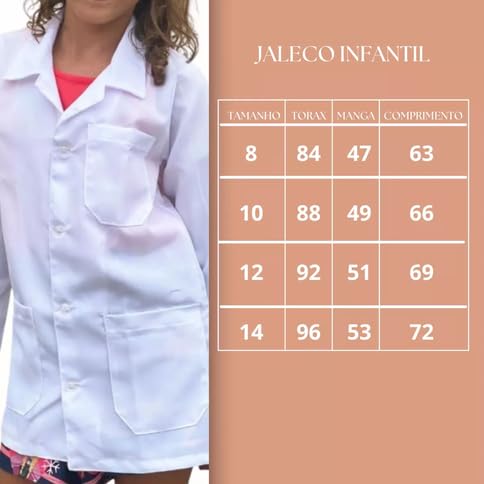 Avental Jaleco Infantil Manga Longa Oxford, 3 Bolsos (BR, Idade, 12 Anos, Regular, BRANCO)
