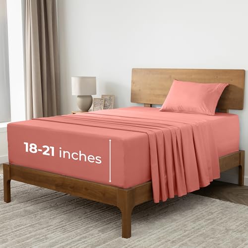 Image of Mellanni Extra Deep Twin Sheets - 3 PC Iconic Collection Bedding | Hotel Luxury, Ultra Soft, Cooling Bed Sheets - Wrinkle, Fade, Stain Resistant (Twin, Coral)