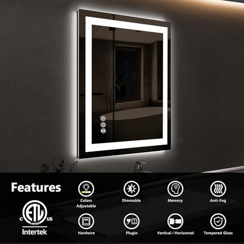 ROOMTEC 24 x 30 Inches LED Bathroom Mirror with Front and Backlit,Anti-Fog,3 Colors and Dimmable Light(Horizontal/Vertical), Silver