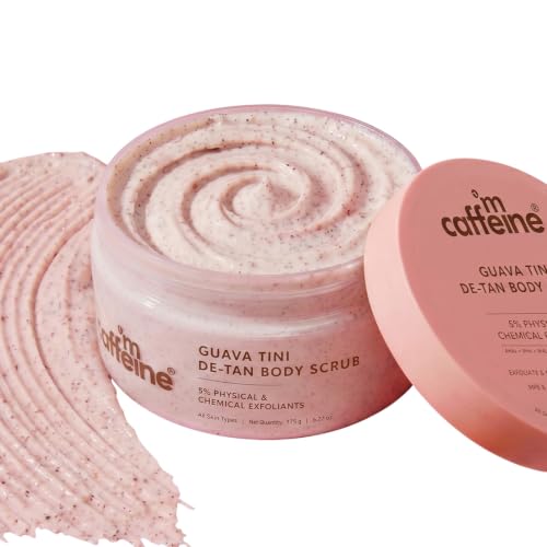 Image of mCaffeine Dual Action Guava De-Tan Body Scrub with 5% Natural & Chemical Exfoliants | Glycolic, Lactic & Salicylic Acid | Reduces Tan & Brightens Skin | Fruity, Guava Fragrance - 175g