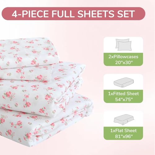 Image of MUXHOMO Full Size 4 Piece Sheet Set, Soft Breathable Bed Sheet Set for Bedroom with Deep Pocket Up to 16 inch, Wrinkle-Free & Cooling Bedding for Oeko-TEX Certified - Blossoms Pink
