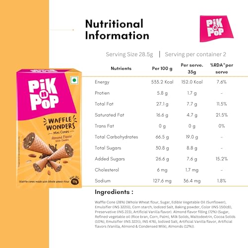 Image of Pik n Pop Almond Mini Waffle Cones 57g, Crispy Cones with Creamy Almond Filling & Chunks, Whole Wheat, Non-Meltable Ready-to-Eat Snack, 100% Eggless
