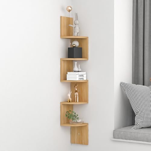 NEWHEY Estantería Esquinera, Repisas Flotantes de 5 Niveles con Diseño en Zigzag, Repisas Flotantes de Pared，Librería Estantería