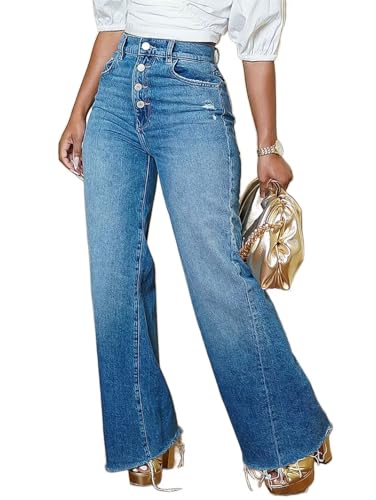 Flamingals Womens Straight Leg High Waist Casual Ripped Button Fly Wash Raw Hem Denim Jeans