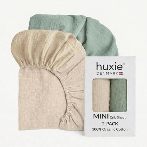 Image of Huxie Mini Crib Sheets - Organic Cotton Muslin Fitted MINI Crib Sheet for Pack and Play - Ultra-Soft and Breathable for Boys and Girls 2-Pack (MINI Fog/Roman Green)