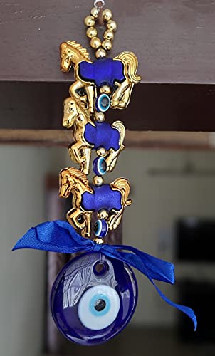 Image of Reiki Crystal 3 Horse Gold Wall Hanging Fengshui for Prosperity, Good Luck, Evil Eye Protection, Home, Office, Car, Door, Gift - Multicolour