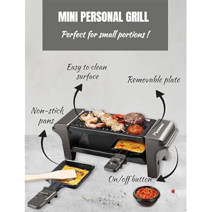 Bestron Raclette für 1 bis 2 Personen, Mini Tischgrill mit zwei Pfännchen, zwei Holzschabern & zwei Untersetzern, 350 Watt, Farbe: Titangrau – Bild 4