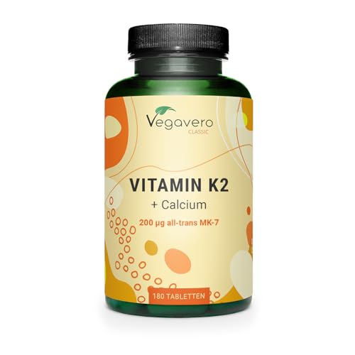 Vitamina K2 (MK-7 100% ALL-TRANS) + Calcio | Fórmula Reforzada: 200 mcg K2 + 162 mg Calcio | PARA 6 MESES | Forma Totalmente Pura Trans Menaquinona-7 | Sin Aditivos y Vegano | Vegavero