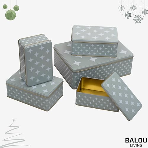 BALOU LIVING 5er Set Keksdose Weihnachten eckig - Weihnachtskeksdosen groß aus Metall - Weihnachtliche Plätzchendose Blechdose, Sterne grau/weiß