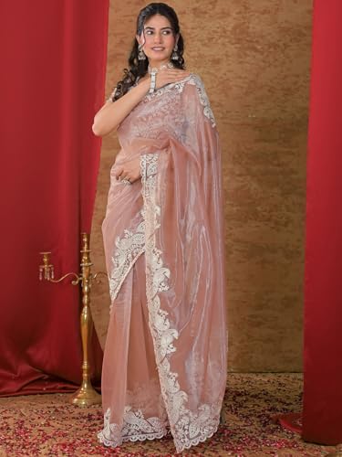 Image of Satrani Women's Net Embroidery Saree with Unstitched Blouse Piece