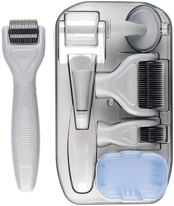 6-in-1 Microneedling Derma Roller Kit Face & Body (0.25 & 0.3mm) | Ultra-sharp titanium heads for scalp & beard care. Includes 300, 720 & 1200 needles with built-in disinfection basin.