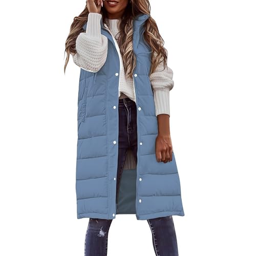 Womens Long Puffer Vest Casual Sleeveless Quilted Coats Lightweight Full Zip Jacket Warm Winter Vest with Hood