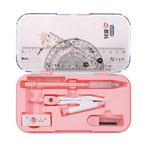 8 Pcs Geometry Set, UMiWEi Maths Set Drawing Ruler Set Educational Supplies Compass Protractors Square Set Students Stationery Gift, Pink Cover