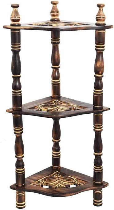 Handcrafted 3-Tier Wooden Corner Shelf, Mini Side Rack for Home Décor, Traditional Design, Brown, 61x22x22 cm