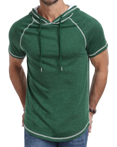 Aiyino Men's Short Sleeve Hoodie Workout Gym Sweatshirt Muscle Fit Fashion Athletic Hoodies Pullover Cotton Hooded T-Shirts 2XL Green