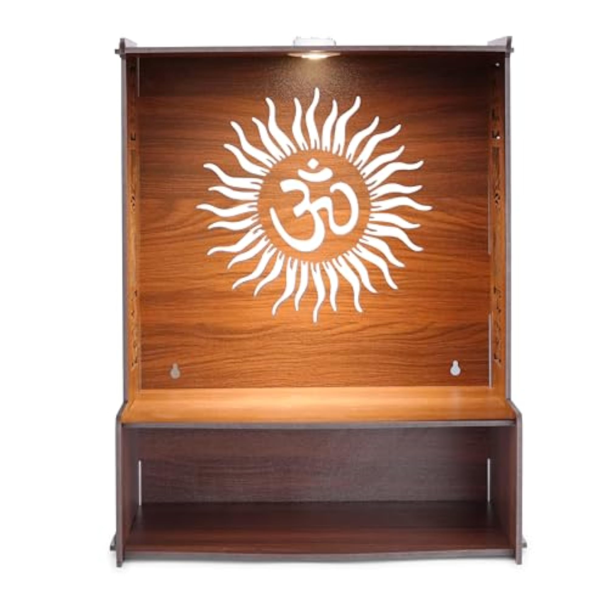 Wooden Wall Mounted Pooja Mandir with Sun Rays Om Design