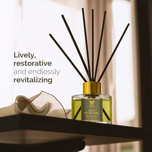 Image of IRIS Aroma Reed Diffuser - 100ml | Elegant Home Fragrance with 6 Fiber Reeds, Glass Round Bottle with Gold Cap | Aroma Diffuser for Cozy Decor & Gifting (Zesty Lemongrass)