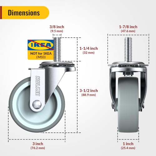 Image of HOLKIE Caster Wheels 3 inch Locking Casters Set of 8 with Brake & No Brake, Threaded Stem 3 /8 inch -16 x 1-1 /4 inch (Diameter 3 /8 inch, Length 1-1 /4 inch) Swivel Heavy Duty Castors Gray
