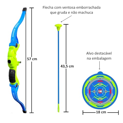 Kit 2 Arco e Flecha Infantil 57cm 6 Dardos que Grudam + Alvo