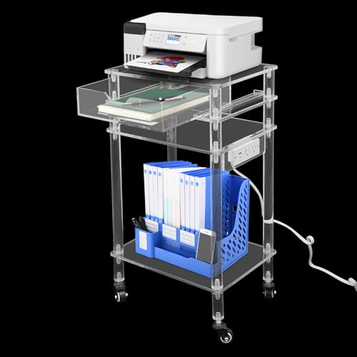 YUYFCC Soporte de impresora acrílico rodante, moderno carrito de impresora transparente con puertos USB, mesa multifuncional con ruedas y cajón para casa, oficina, sala de estar, dormitorio