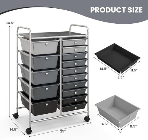 Image of LDAILY 15 Drawer Rolling Storage Cart, Rolling Cart with Drawers for Classroom, Art Supply Craft Organizer on Wheel with Metal Frame & Handles for Home Office School