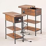 FurnitureR Nachttisch, industriell, Vintage, Aufbewahrungsbox und Tablett, faltbar, Nachttisch mit Ladestation, 2 Steckdosen & 2 USB, großes offenes Regal mit 2 Ebenen, 60 x 30 x 60 cm, 2 Stück