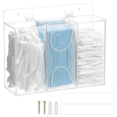 QWORK Acrylic Face Mask Dispenser Box, 3 Compartments Gloves Holder, Clear Mask Organizer with Lid, Wall Mount Organizer/Dispenser for Masks & Gloves