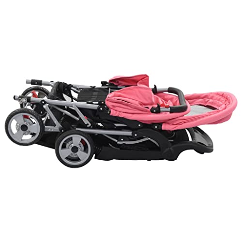 Susany Geschwisterwagen mit 2 klappbare Verdecke Kinderwagen Babywagen Buggy Zwillingswagen Zwillingsbuggy Kleinkinder-Wagen Rosa und Schwarz Stahl