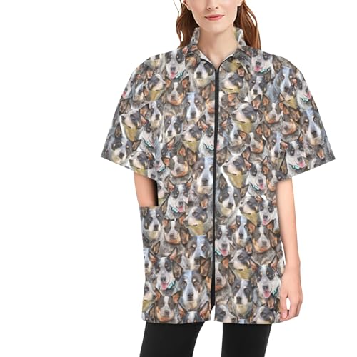 COWCUTE Pet Grooming Smocks Australian Cattle Dog Print Work Clothes for Pet Groomer Barber, Waterproof Jackets for Women Men