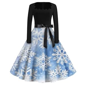 Womens Cocktail Dress for Christmas Party Square Neck Long Sleeve Bow Tie Belt Dresses Snowflake Plaid Xmas Dress