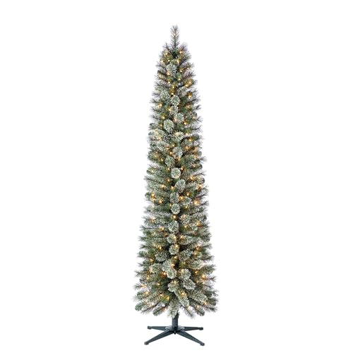 Home Heritage 7ft Stanley Slim Pre-Lit Pencil Christmas Tree – Artificial Pine with 350 White Incandescent Lights and 335 Branch Tips – Indoor Holiday Decor