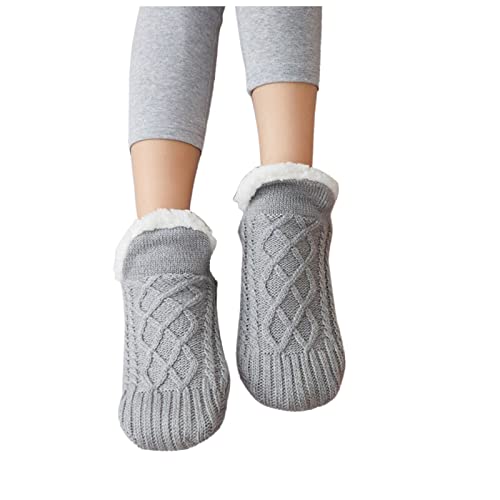 Yiartion Sokken voor dames, warm, gebreid, vloersokken, pluche, stopsokken, platte huttensokken, tapijtsokken, winter, thermische sokken, verdikte huissokken met antislip kleefpunten aan de onderkant, grijs11, S