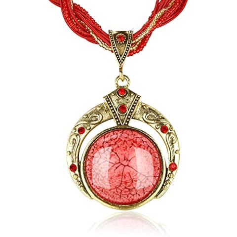 Women Vintage Bohemian Style Turquoise Necklace Rhinestone Pendant Round Hollow Fashion Jewelry, Zinc Alloy, Turquoise Cover