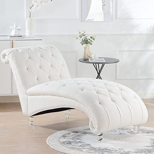 Tufted Teddy Velvet Fabric Chaise Lounge Indoor,Leisure Accent Chair Upholstered Couch,Velvet Chaise Lounge Chair,Tufted Armless Chaise Lounge,Teddy Velvet+Wood Frame+Foam +Acrylic Legs (White)