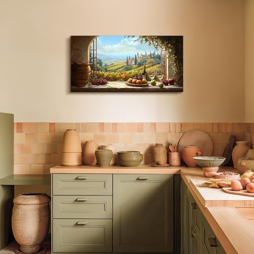 crmotu Faux Window Large Wall Art, Italian Wine Country Landscape Art Prints, Vineyard Picture Kitchen Wall Decor, Sunlit Rustic Grape Fields Paintings for Dining Room Hallway Basement 20x40 Inch