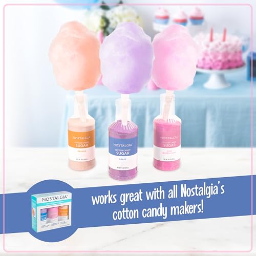 Image of Nostalgia Cotton Candy Flossing Sugar Party Kit 3-Pack, Grape, Pink Bubble Gum, Orange, 3-16 oz bottles - 48 total ounces - Bottles of Cotton Candy Sugar Mix