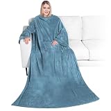PAVILIA Wearable Blanket with Sleeves for Adult Women Men, Cozy Fleece Warm Wrap Throw Blanket with Arms, Pocket, Gifts for Christmas, Wife, Light Blue