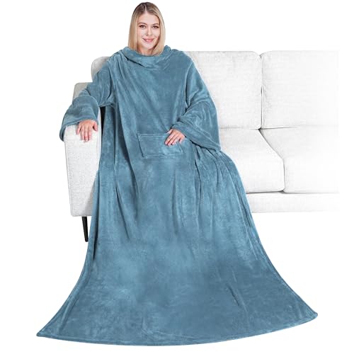 PAVILIA Wearable Blanket with Sleeves for Adult Women Men, Cozy Fleece Warm Wrap Throw Blanket with Arms, Pocket, Gifts for Christmas, Wife, Light Blue