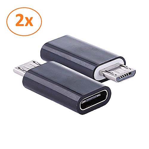 REY - Pack 2 Unidades Adaptador Conversor Carga Datos USB 3.1 Tipo C Hembra a Micro USB Macho Negro