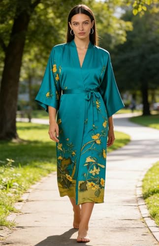 Image of Women's Classic 100% Silk Kimono Robe, Bathrobe-Printed Pattern