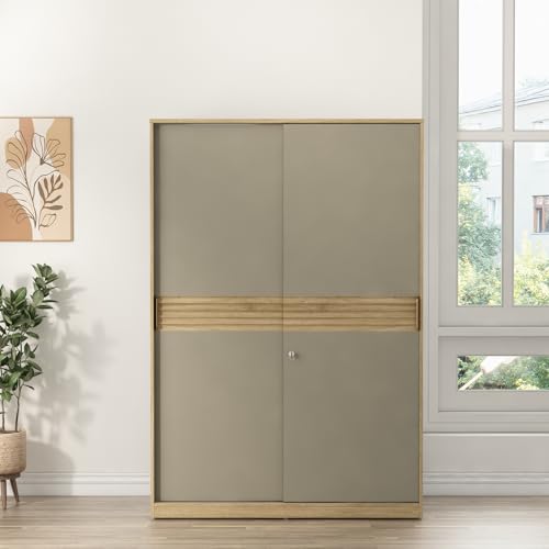 Image of Spacewood Olivra 2 Door Sliding Wardrobe | Santana Oak & Modern Ash Finish | Engineered Wood Almirah with Multiple Shelf & 1 Hanging Spaces | Bedroom Cupboard Almari | 3-Year Warranty