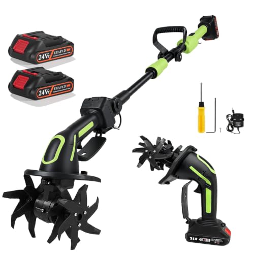Motoazada Eléctrica, 21V a Batería–Azada Rotativa con 2 Baterías de 3000mAh, 4 Cuchillas Metálicas 65Mn, Ancho/Profundidad de Trabajo 10 cm, 235 RPM–para Escarificar y Airear el Jardín