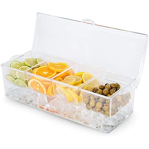 Cocktailor 4 Tray Chilled Bar Top Food & Garnish Station with Lid - Condiment Dispender for Bartending, Taco Bar, Ice Cream, Fruit, Salad Bar - Topping Organizer for Restaurant Supplies, Accessories Cover