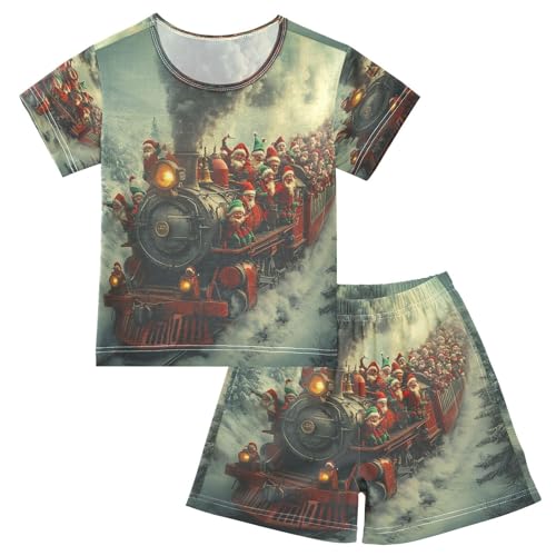 ALAZA Train Santa Claus Merry Christmas Pajamas Set Short Sleeve Cotton Sleepwear Summer Pjs 2 Piece 5-14Y
