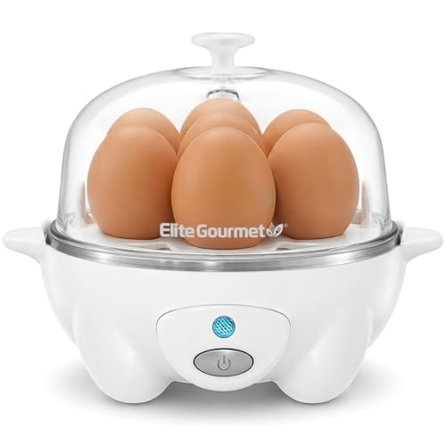 Elite Gourmet EGC-007## Rapid Egg Cooker, 7 Easy-To-Peel, Hard, Medium, Soft Boiled Eggs, Poacher, Omelet Maker, Auto Shut-Off, Alarm, 16-Recipe Booklet, White