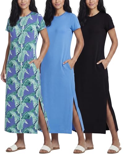 Image of Real Essentials 3 Pack Women's Casual Short Sleeve Maxi T-Shirt Dress with Slit (Available in Plus Size)