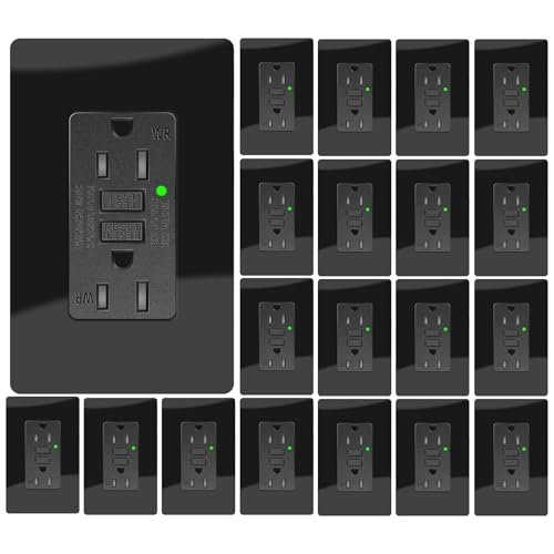 15A Black GFCI Outlet, TR &amp; WR Ground Fault Protector with LED Indicator, Tamper &amp; Weather Resistant GFI Electrical Receptacle, ETL Listed, Wallplate Included, 20 Pack