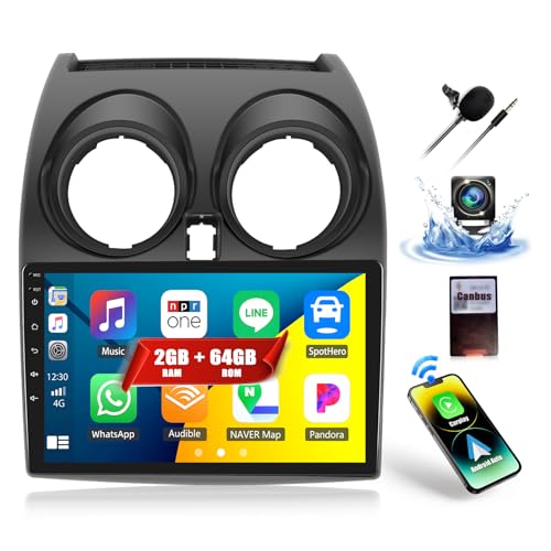 CAMECHO 2G 64G Android Car Stereo for Nissan Qashqai J10 (2008-2013) with Carplay Android Auto, 9" Touch Screen Bluetooth Car Radio GPS WiFi FM RDS Radio Head Unit with HD Reverse Camera + Canbus
