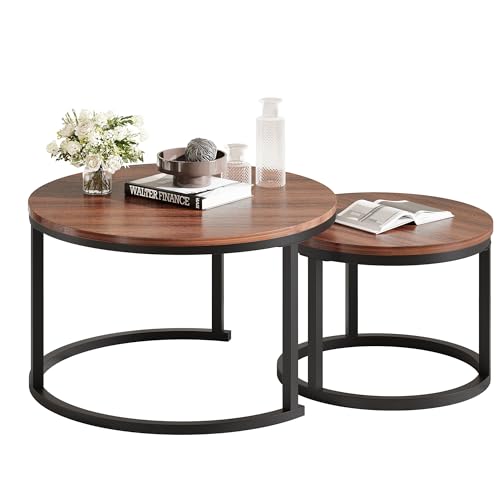 VERFARM Round Nesting Coffee Table Modern Furniture Nesting Side Set of 2 Stacking Side Tea Table End Table for Living Room Balcony Office with Sturdy Metal Frame, Easy Assembly, Walnut