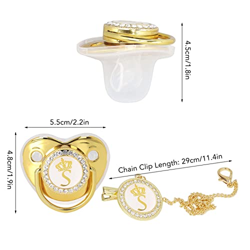 Image of Baby Pacifier,Rhinestone Night Pacifier with Chain Clip,Portable Exquisite Golden Crown Letter Cute Pacifier for Infant (S)